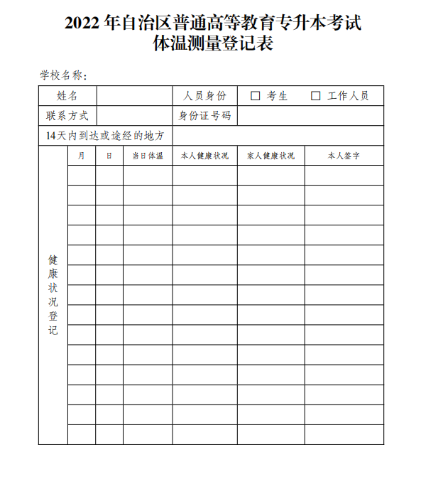 2022新疆專(zhuān)升本考試體溫測(cè)量登記表下載